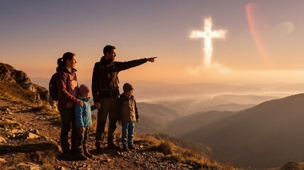 Fototapeta premium Family with man, woman and two kids on mountain pointing to cross in sky at sunset for spiritual journey concept.