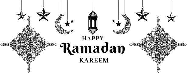 Flat vector illustration of Ramadan Kareem greeting card with crescent moon, lantern, hanging stars, Islamic decorative motifs, festive celebration design © Creative _ idea