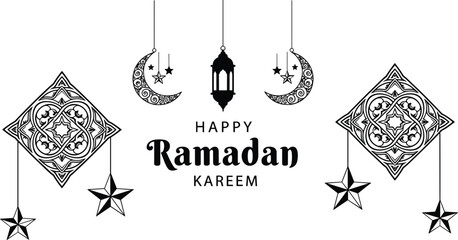 Flat vector illustration of Ramadan Kareem greeting card with crescent moon, lantern, hanging stars, Islamic decorative motifs, festive celebration design © Creative _ idea