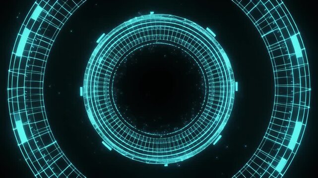 Futuristic looping rotating wireframe holographic ring particle trails glowing cyan lines seamless surreal ambience cascading softly abstract cinematic loop