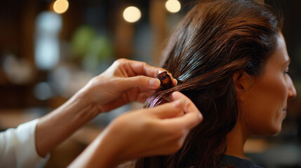 Close up of faceless hands applying a strand of dark hair treatment one hand separating a section of hair and the other working a keratin peptide extract through the mid lengths