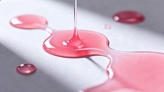 Pink liquid droplets spreading on surface