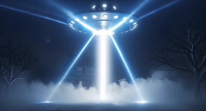 Mysterious UFO abducting house in foggy night scene