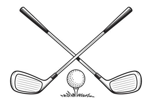 Crossed Golf Clubs And Ball Tee Silhouette Icon, vector illustration of golf gear, isolated sports symbol for recreation and game projects