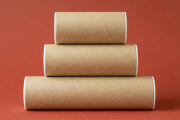 Obraz premium Stack of three cardboard tubes on terracotta background