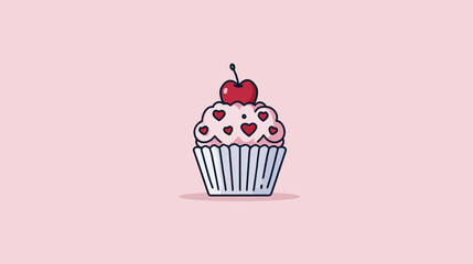 A delightful, minimalist illustration of a cupcake adorned with heart-shaped frosting and cherry