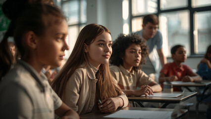 Fototapeta premium Students sitting at desks listening intently in a classroom