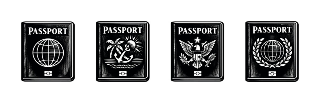 Set of black and white passport illustrations with various designs in vector style