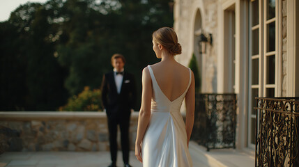 Naklejka premium Elegant bride in white gown faces groom in tuxedo on luxurious manor terrace in golden hour light, romantic wedding moment captured