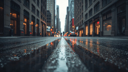 Wet city street with reflections at dusk wet street