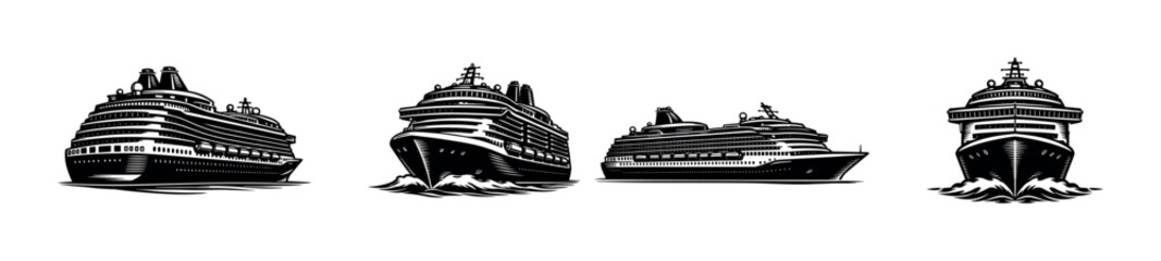 Obraz premium Set of cruise ship silhouettes, nautical vector illustration of ocean liners
