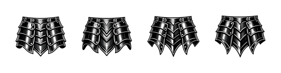 Obraz premium Black and white medieval armor skirt design vector illustration set