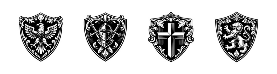 Fototapeta premium Set of four heraldic shield designs with cross lion eagle and knight elements