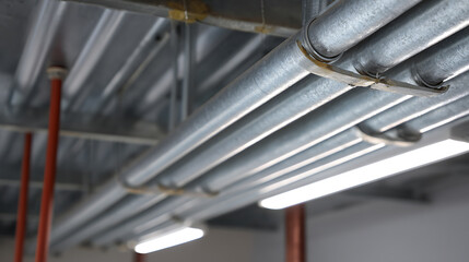 Industrial Ceiling Infrastructure: Galvanized Pipe System and Lighting Fixtures Reveal Modern Building Utilities and Construction Details