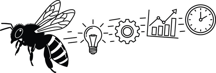 A bee flying towards innovation and time management symbols © Shirin