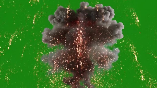 Fiery explosion with sparks and smoke on green screen background, dynamic blast effect