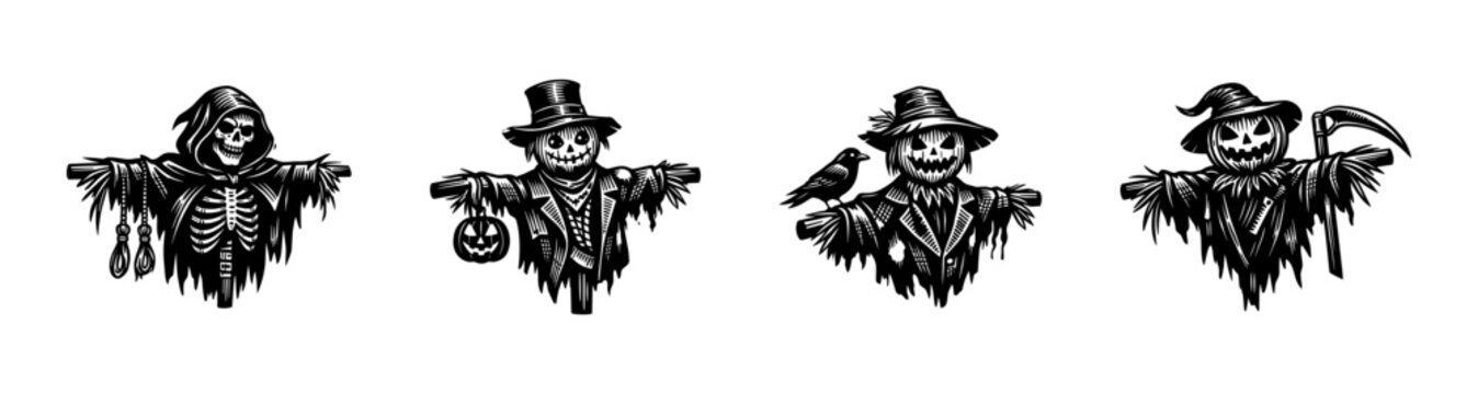 Set of halloween scarecrow and reaper illustrations in black and white silhouette style