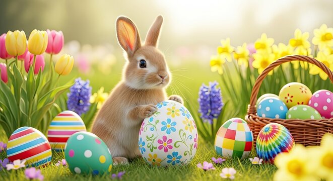 Easter bunny surrounded by colorful eggs and flowers on ester day