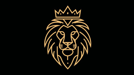 Obraz premium Elegant golden line art lion head with crown, majestic and regal symbol on black background, luxury animal emblem design.