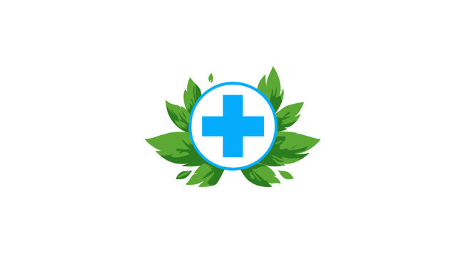 Natural health and medical cross logo concept with green leaves. Herbal medicine and wellness icon for pharmacy or holistic care.