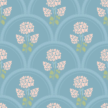 Blue floral scallop trellis seamless pattern. Vintage arched flowers, grand millennial repeat background, retro print, botanical garden wallpaper with pink hydrangea, textile, vector surface design.