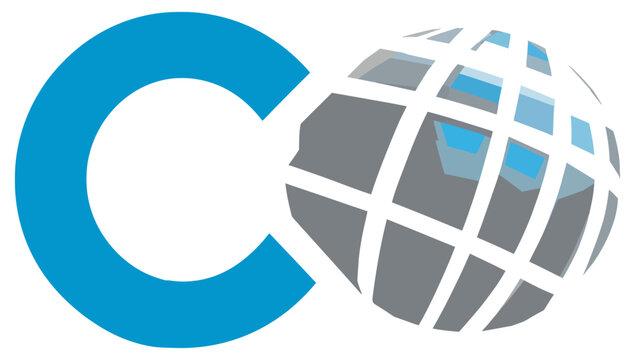 Abstract graphic symbol featuring a blue letter C intertwined with a grey grid sphere, representing global connection, technology, and communication.