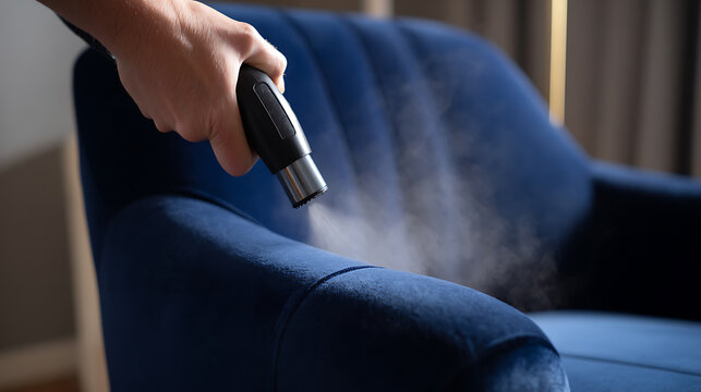 Person Hand Hold Spray Bottle Clean Blue Armchair with Fine Mist. Home Care and Hygiene Concept. Maintain Furniture for Freshness and Spotless Appearance