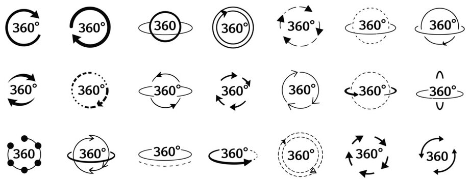 360 degrees icon, 360 degree rotation symbol, 360 view sign, panorama rotation arrow, virtual tour navigation icon, circular rotate interface symbol, immersive viewing indicator, round arrow technolog