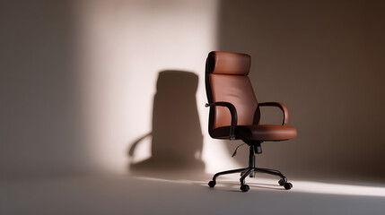Obraz premium Modern Office Chair with Elegant Brown Leatherette and Striking Light-Play Shadow on a Neutral Background, Minimalist Interior Product Shot