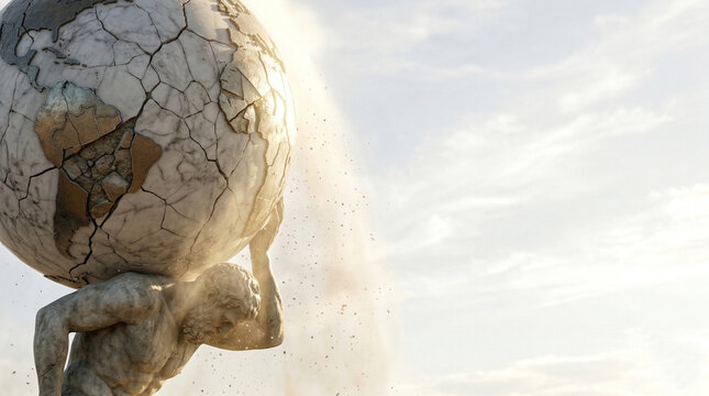 Statue of Atlas holding a breaking globe with sand falling out
