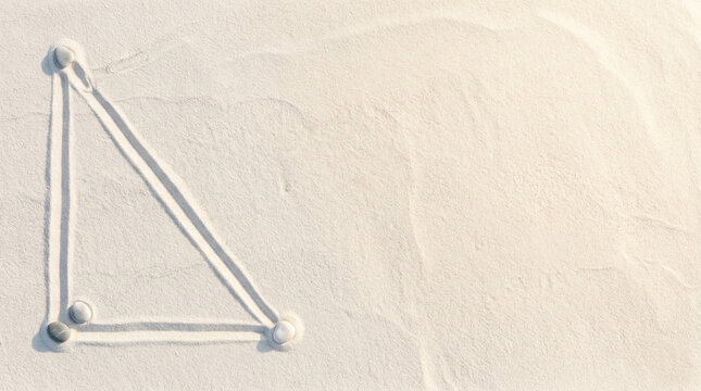 Right triangle geometric shape drawn in white sand with stones