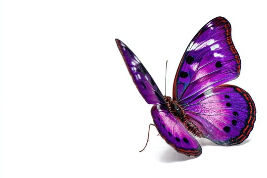 A macro shot of a solitary butterfly showcasing iridescent purple wings, against a bright backdrop, symbolizing transformation, beauty, and fragility.