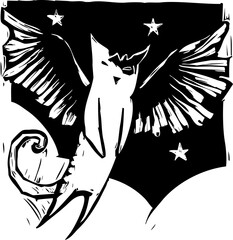 Naklejka premium A woodcut image of a cat with wings like an angel