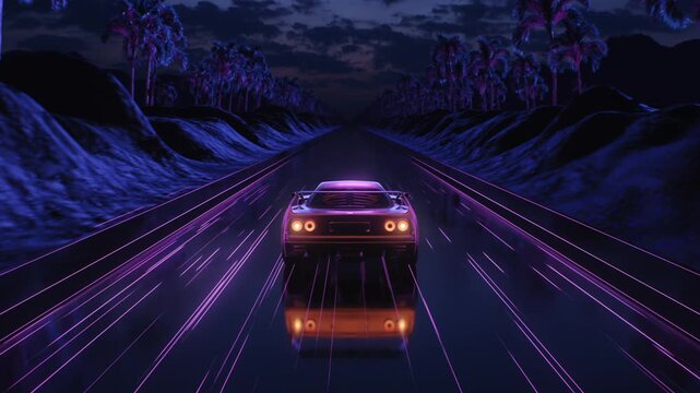 Loop Car and background neon retro wave 80s style