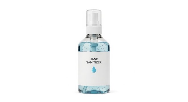 Clear Plastic Hand Sanitizer Spray Bottle Mockup with Blue Liquid labeled 'HAND SANITIZER' isolated on White Background