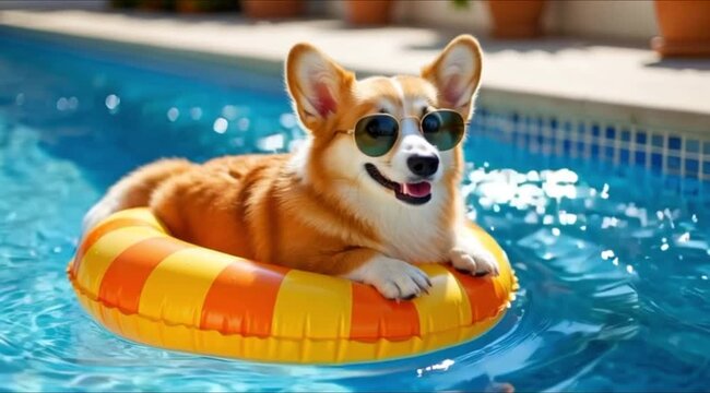 Cute Corgi Dog Relaxing on Inflatable Ring in Sunny Swimming Pool