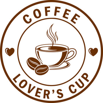 Coffee lovers cup circular stamp design featuring steaming mug and beans for shop signage