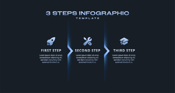 Dark Tech Arrow Infographic with Blue Neon Gradient, 3 Step Business Development Timeline, Abstract Vector Illustration for Presentation, Workflow, and Data Visualization