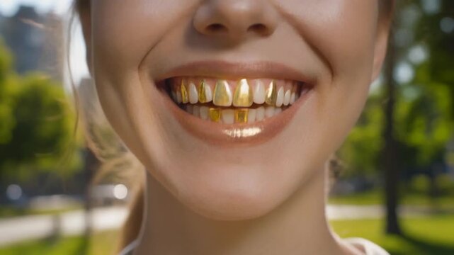 Woman smiling with golden teeth outdoors in a sunny park