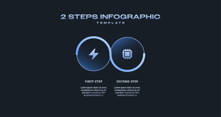 Dark Tech Infographic with Blue Gradient Glow, Futuristic Neon Circular Horizontal 2 Step Process Timeline for Presentations, Banners, Flowcharts, Business Reports, and Modern Digital UI Design Assets