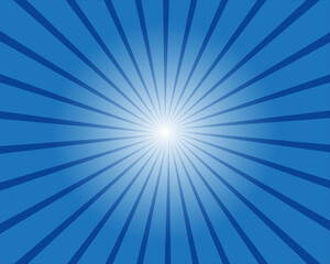 Obraz premium This abstract blue sunburst background features a bright radial starburst design with glowing light rays and vector flares exploding from a central shine like a summer sun beam pattern