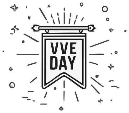 Festive pennant banner with 'VVE DAY' text and celebratory starbursts and dots