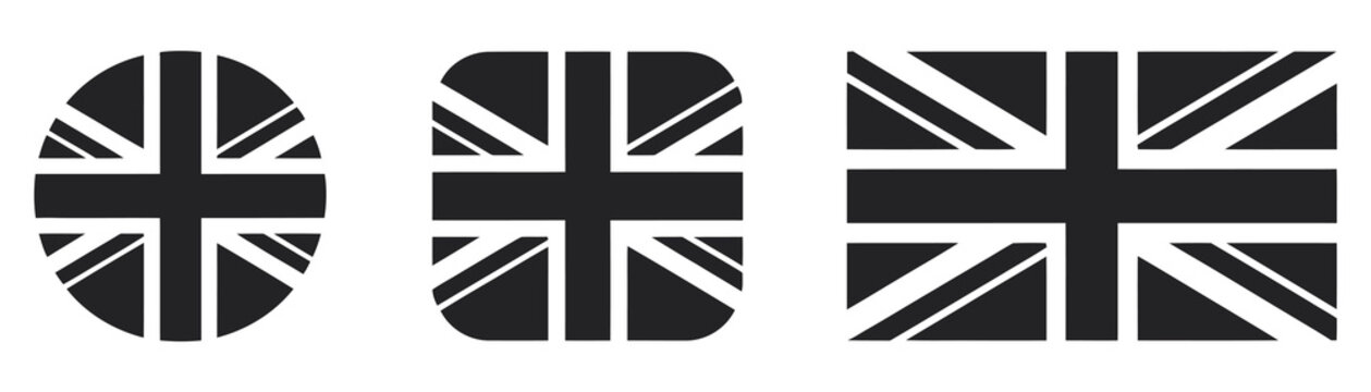 United Kingdom Flag Icon Set, black and white vector collection, UK national flag symbols isolated on white background for design projects