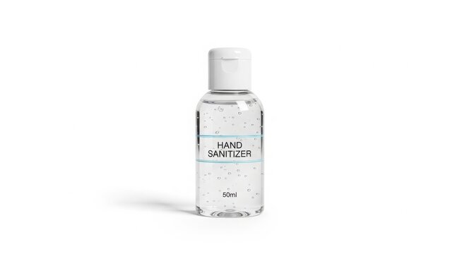 Minimalist 50ml Clear Plastic Hand Sanitizer Bottle Mockup with "HAND SANITIZER" Label and White Cap isolated on White Background