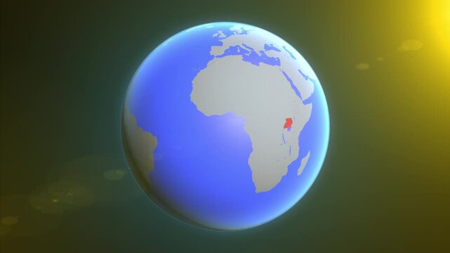 The animation shows a graphic representation of the earth and highlights the location and map of Uganda colored red.