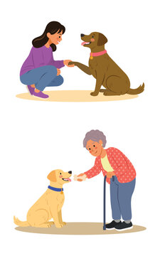 Set de mujeres entrenando a sus perros. Joven ense&ntilde;ando a su perro a dar la pata y mujer de la tercera edad dando un premio a su mascota, ilustraci&oacute;n vectorial