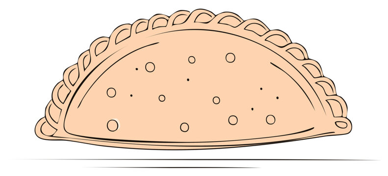 Illustrated vector image of a pastel colored savory pastry with textured crimped edges and circle accents.