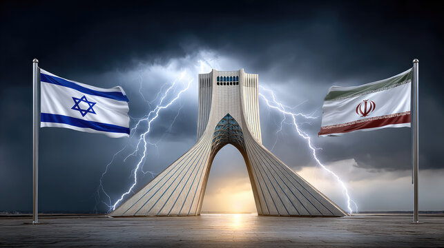 Azadi Tower standing between the national flags of Israel and Iran, with intense lightning and ominous storm clouds depicting escalating tensions and rivalry in the Middle East