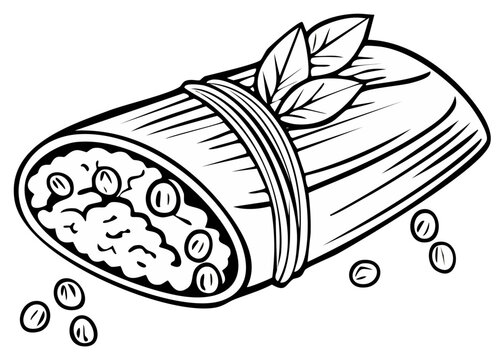 Black and white illustration of a Mexican tamale with leaves