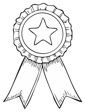 Hand drawn sketch of prize ribbon rosette with star for recognition and achievement